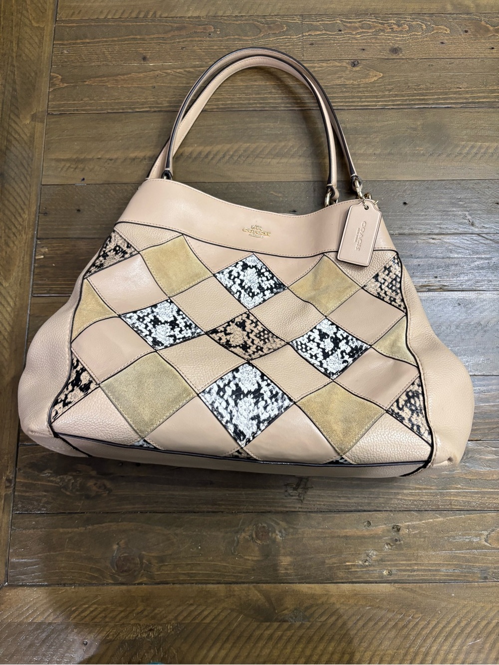 Coach Lexy Snakeskin Embossed and Suede Patchwork Shoulder Bag